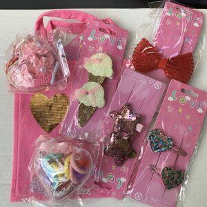 Girls Valentine’s Favors Gift Set Ice Cream Hearts Hair Clips & Hair Ties Lot